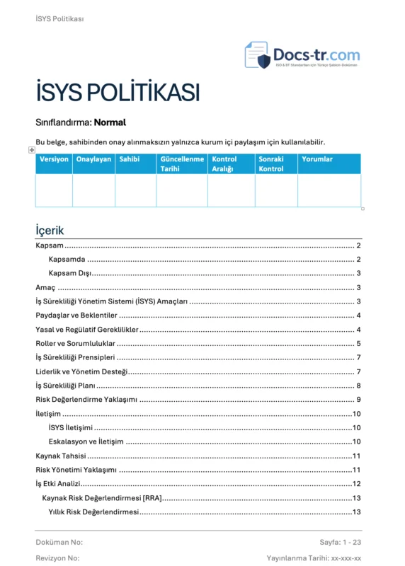 ISO 22301 - İSYS Politikası